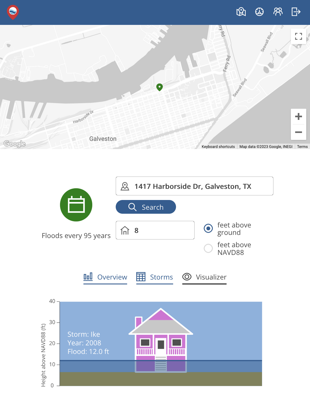 A screenshot of a mapping application. A map at the top displays a single marker. A search area in the middle displays information about the marker's address and elevation. An animation at the bottom visualizes a flood.