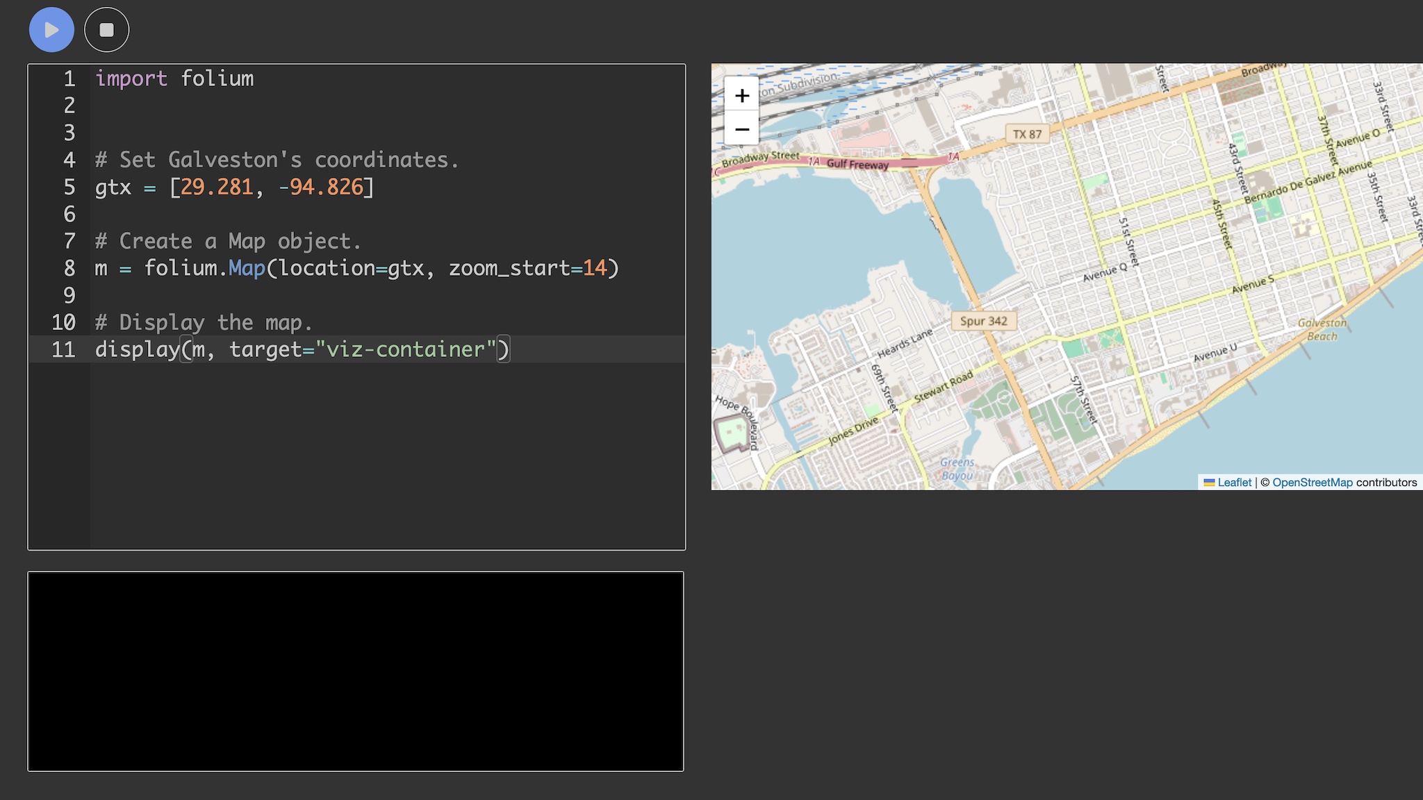 A web browser with a text editor on the left and a map on the right. The text editor contains Python code for drawing a map.